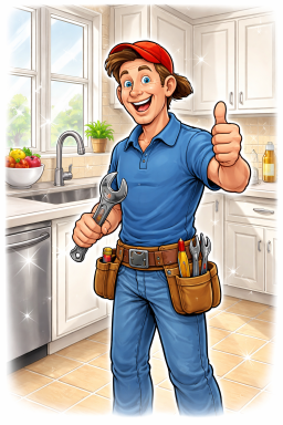cartoon plumber in sparkling clean kitchen