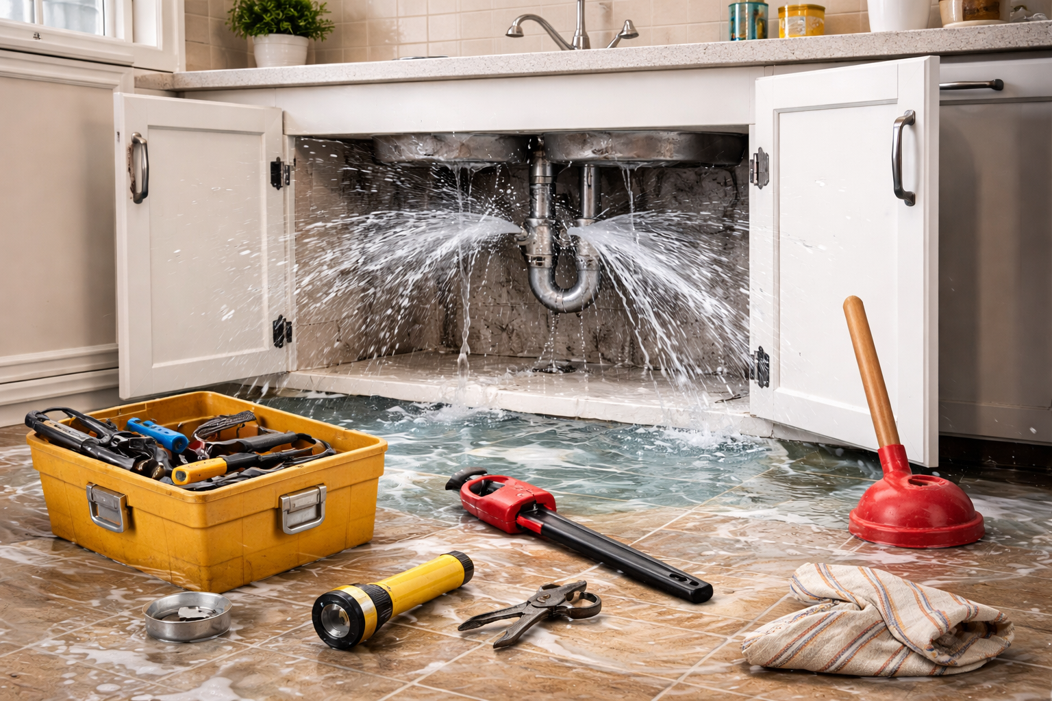 pipes spraying water under kitchen sink